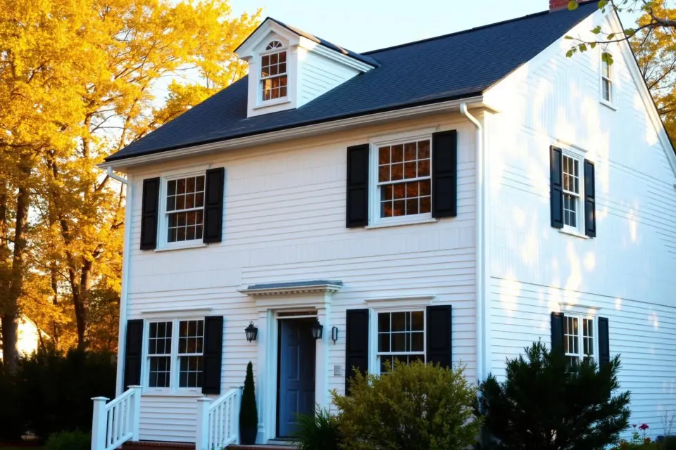 A classic Massachusetts colonial home with crisp white clapboard siding and freshly painted trim in autumn light.